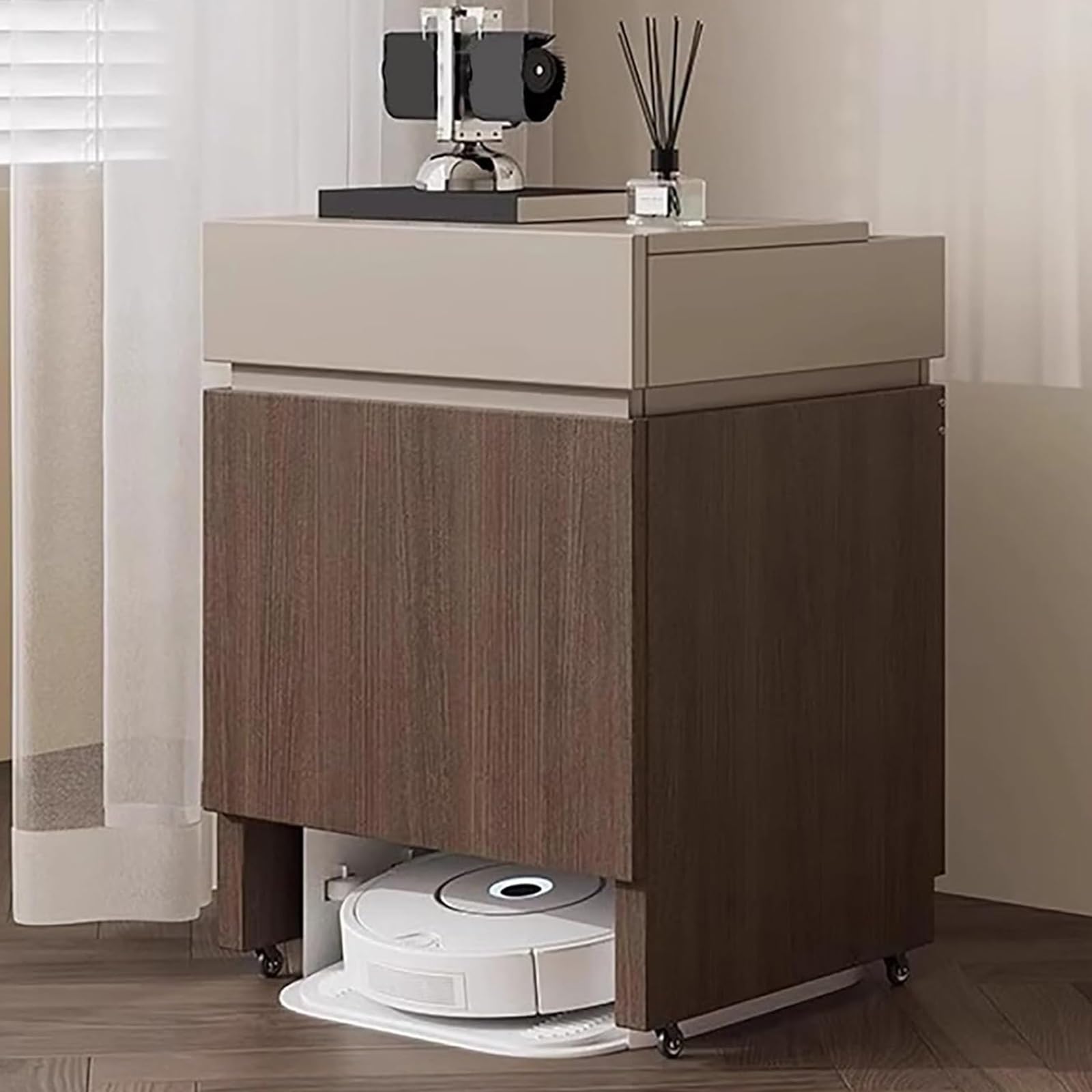 MESCXTY Robot Vacuum Cabinet with Lockable Wheels, Wood Storage Drawer, Smart Floor Sweeper Hidden Rack for Living Room, Entryway(Brown,50 * 70cm/19.7 27.6in)