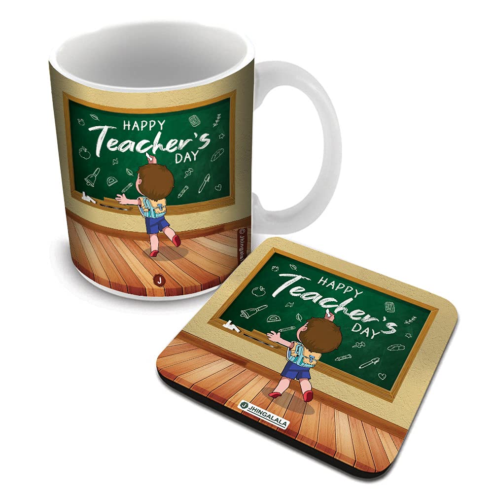 Jhingalala Gift for Teachers | Happy Teacher's Day Printed Ceramic Coffee Mug 325ml with Coaster | Teachers Day Gift for Teacher, Sir, Madam for Teacher's Day (2459)