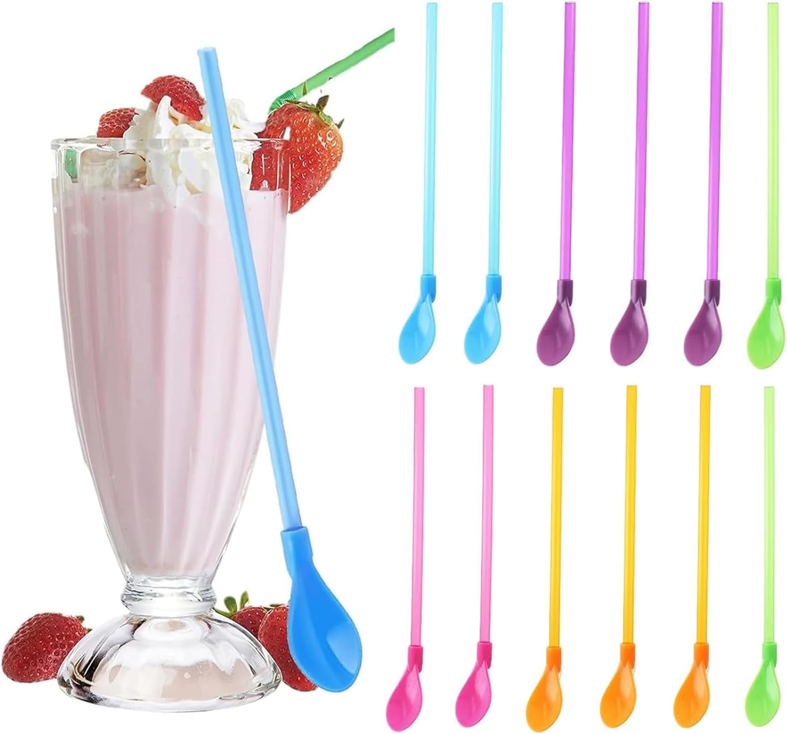 Slush Straws 12 Pcs, Colored Straw Spoon 2 in 1, Colored Straw Spoon Reusable Detachable Straws Drinking Plas-ti, for Boba, Milkshakes, Cocktails, and Parties