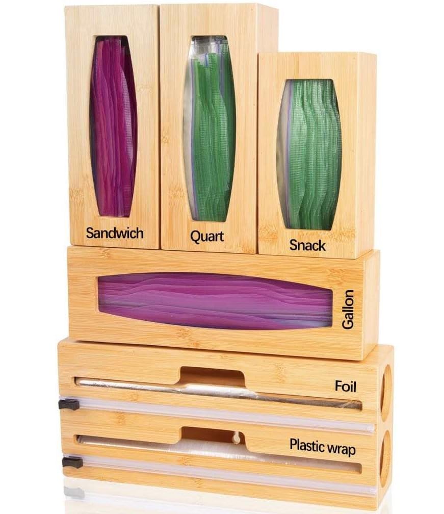 ZipLockersZiploc Bag Bamboo Organizer 5 IN 1 & Foil And Wrap Organizer - Essential Tool For Kitchen Drawer & Storage - Detachable and Adaptable Dispenser - For (Snack,Quart,Sandwich,Galloon)