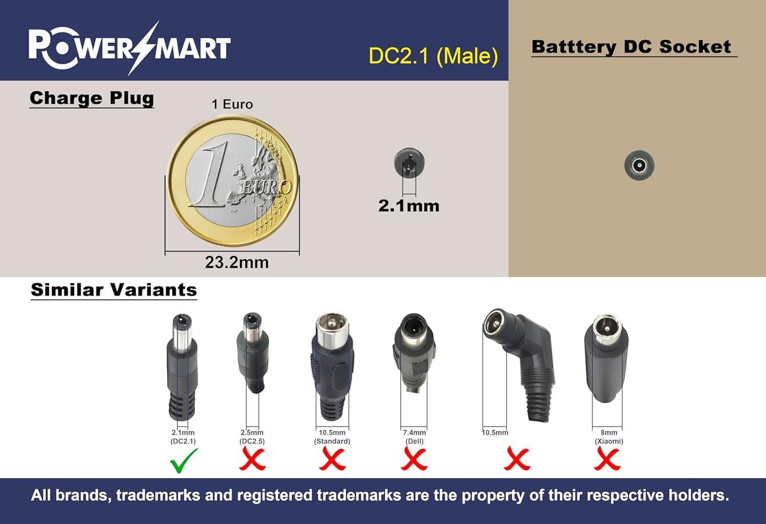 Diagram showing compatible DC 2.1mm male charge plug and incompatible variants