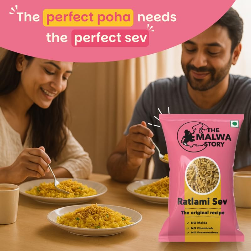 Image of The Malwa Story Original Ratlami Sev - 200gm (Pack Of 1) | Cooked & Packed in Ujjain | Special Madhya Pradesh Authentic Sev Namkeen With No Maida | Spicy & Crunchy | For Poha & Tea Time Snacking