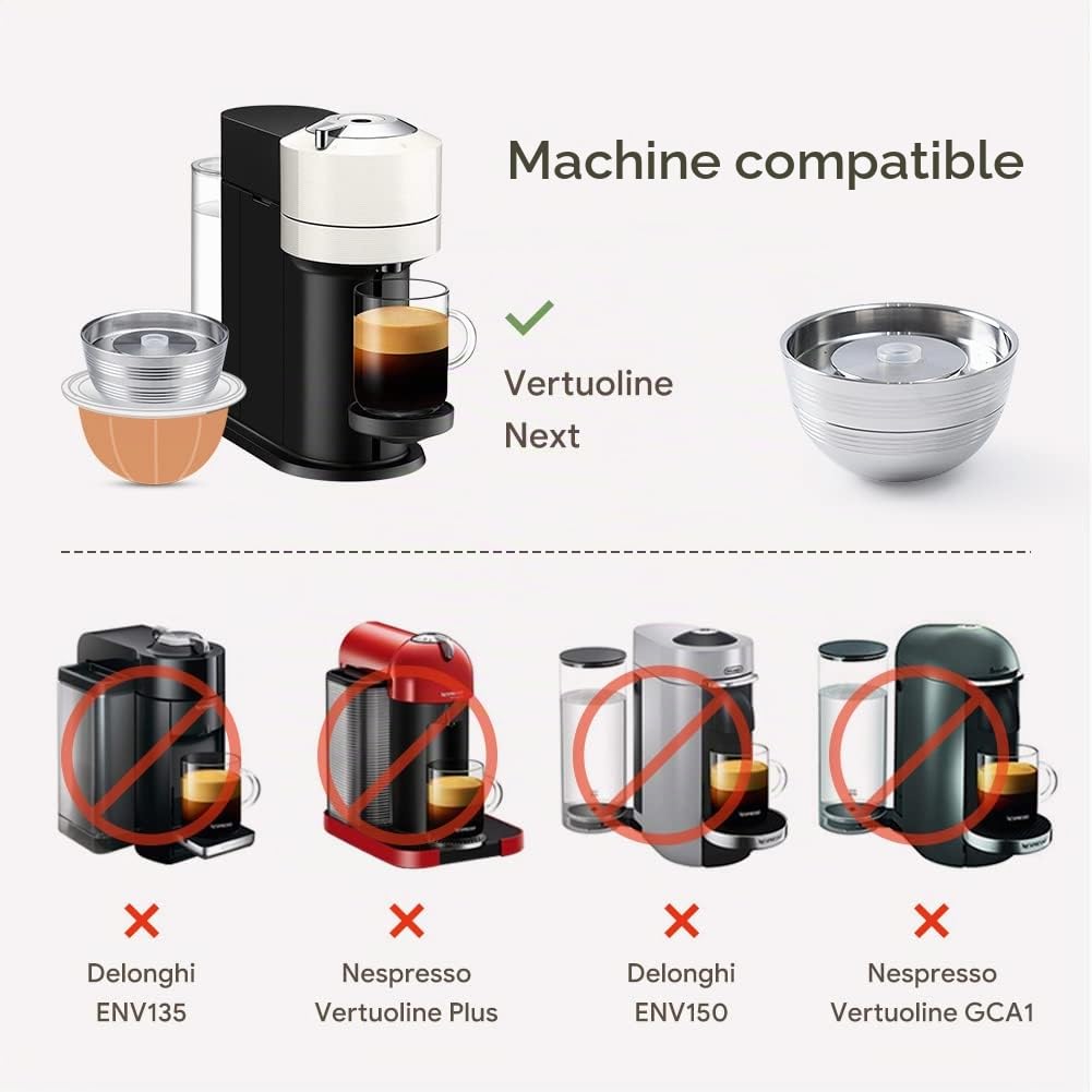 dosettes de café réutilisables en acier inoxydable uniquement compatible avec Ver tuo Next Machines Filtre à capsules de café rechargeable avec enveloppe de 6 capsules 80ml / 230ml et Tamper