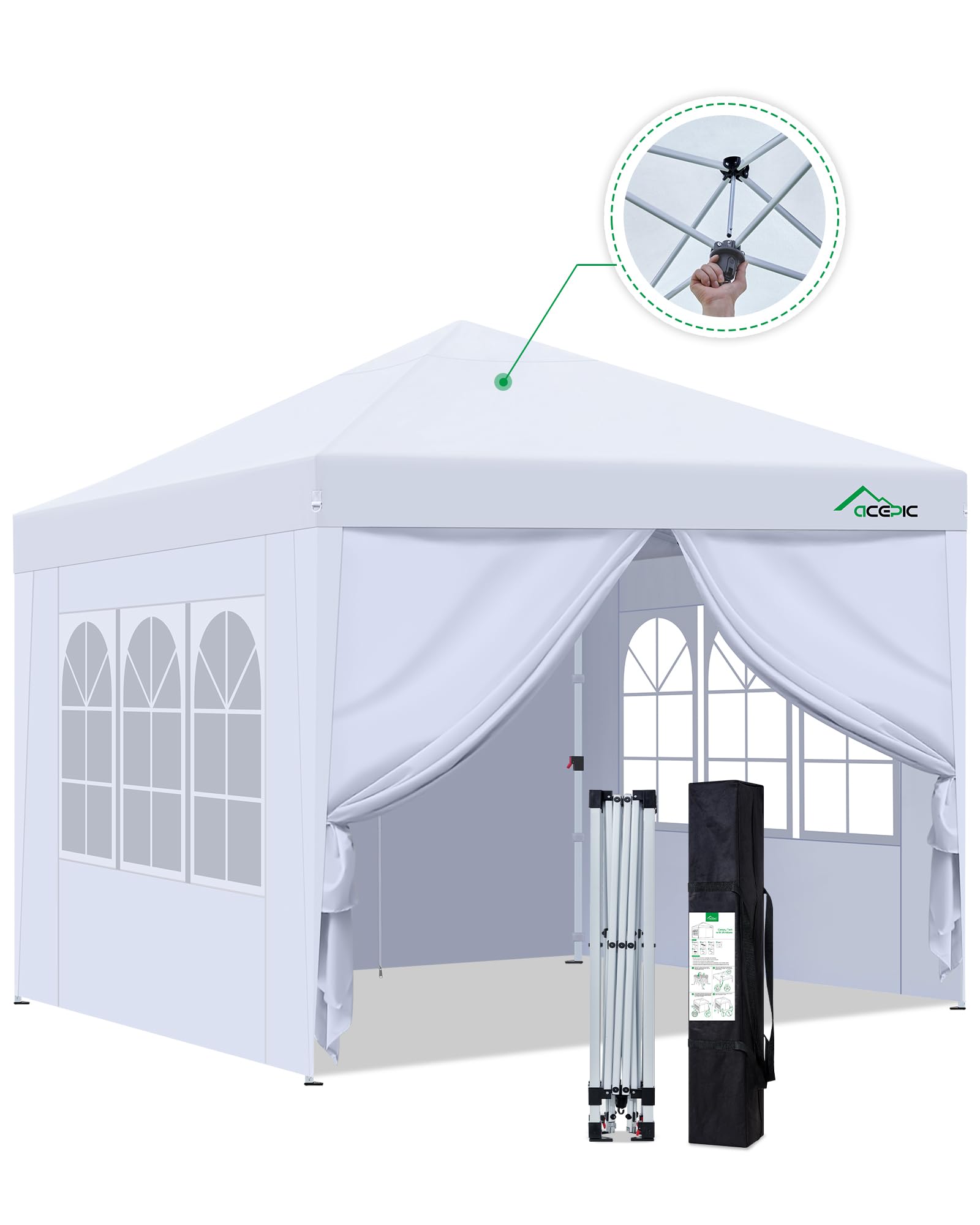Acepic Tenda a baldacchino pop up, 300 D, con rivestimento in argento, facile da installare, riparo portatile istantaneo, con 4 pareti laterali per finestre della chiesa, 1 borsa a mano (Bianco, 3*3m)
