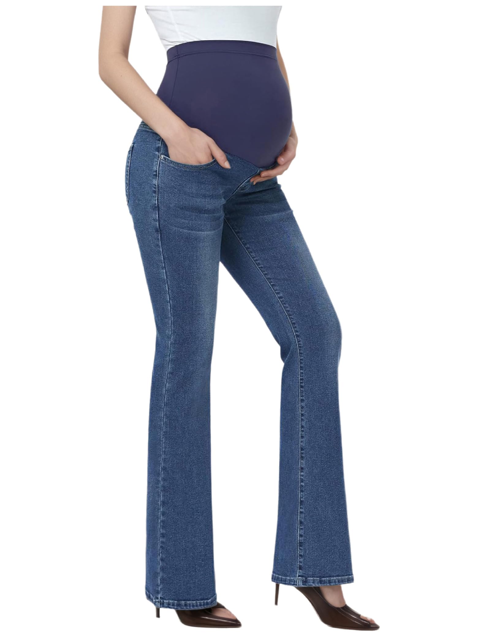 Pantalon de grossesse pour femme - Pantalon en jean évasé - Avec poches - Taille haute - Extensible