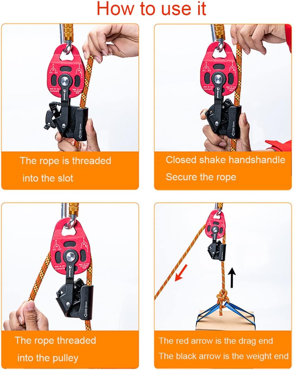 Climbing Pulley Aluminium Heavy Duty Ascender Riser Pulley 4KN Single Swivel Rope Pulley Rescue Equipment for 8-12mm Rope(Red)