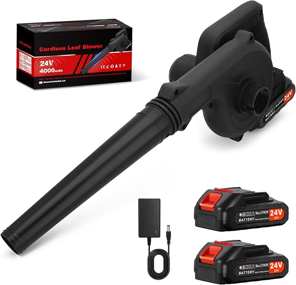 Ykall Soplador de Hojas Inalámbrico 24V – Potente y Ligero, con 2 Baterías y Cargador, Ideal para Jardín, Patio, Césped, Nieve, Polvo y Pelo de Mascotas (Negro) - 1