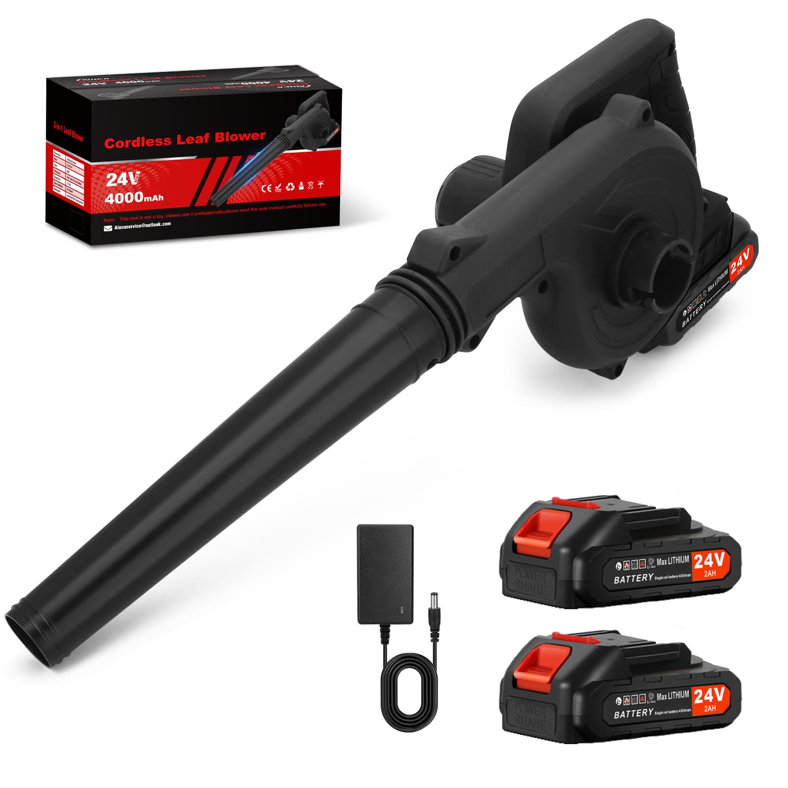 Ykall Soplador de Hojas Inalámbrico 24V – Potente y Ligero, con 2 Baterías y Cargador, Ideal para Jardín, Patio, Césped, Nieve, Polvo y Pelo de Mascotas (Negro) - 2