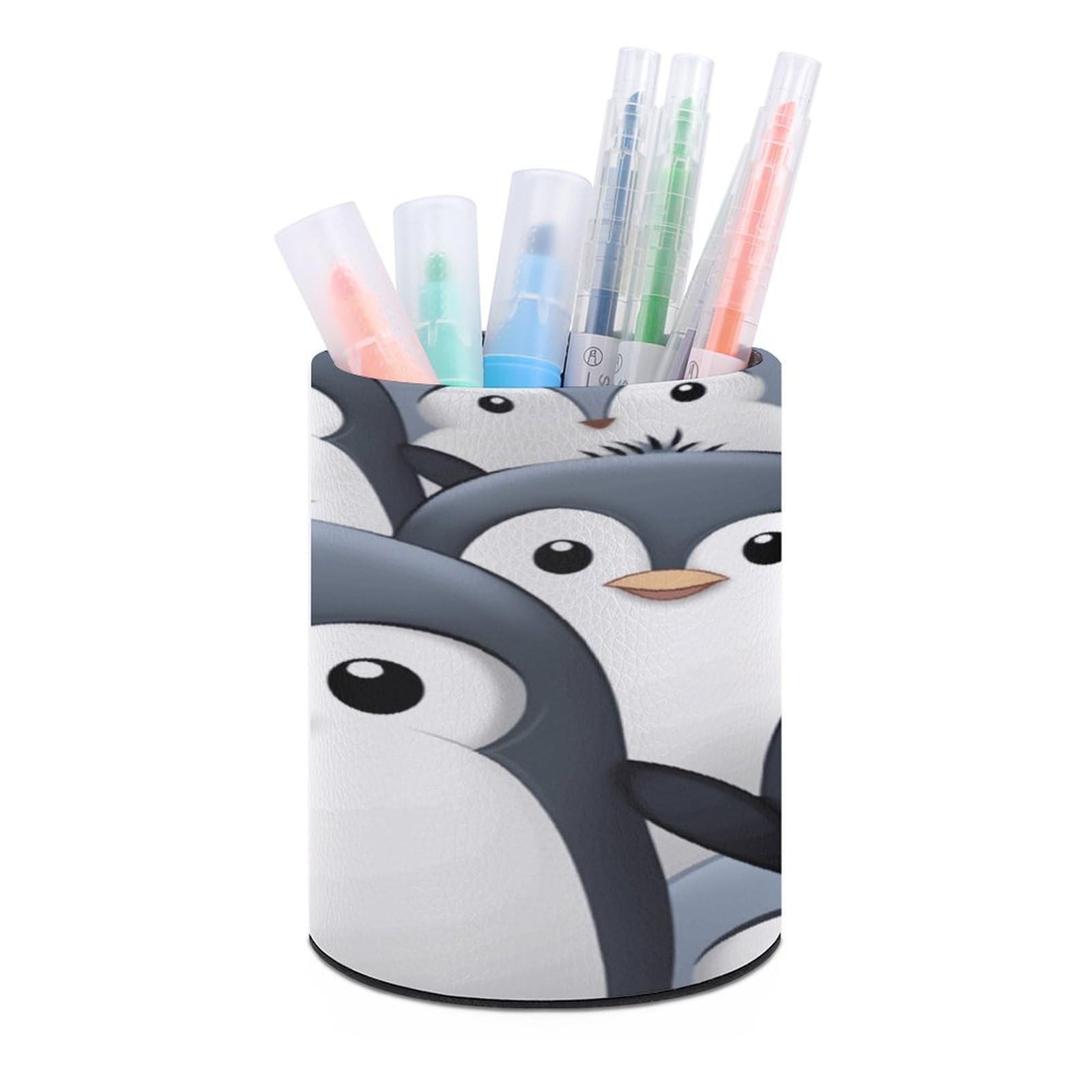 FekiLoot PU Leather Round Pen Holder Cute Penguin Pencil Holder Desk Organizer Pen Organizer Pen Cup Pencil Cup Caddy Desktop Stationery Organizers for Office Home Supplies