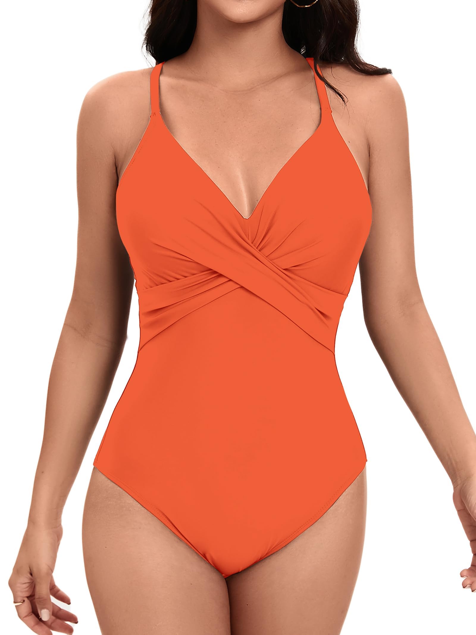 Photo 1 of LAPHEE ROSE One Piece Swimsuit for Women with Tummy Control Sexy One Piece Bathing Suit Featuring Ruched Swimwear X-Large Style07-orange