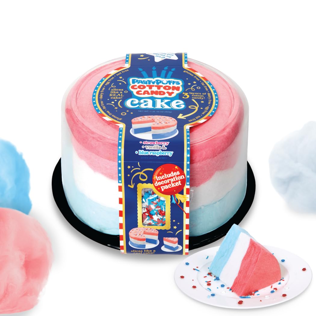 PartyPuffs Jumbo Cotton Candy Cake 16oz – Slices Like Real Cake – Strawberry Vanilla Blue Raspberry – Ready to Serve Gluten-Free Dessert for Birthdays & Parties