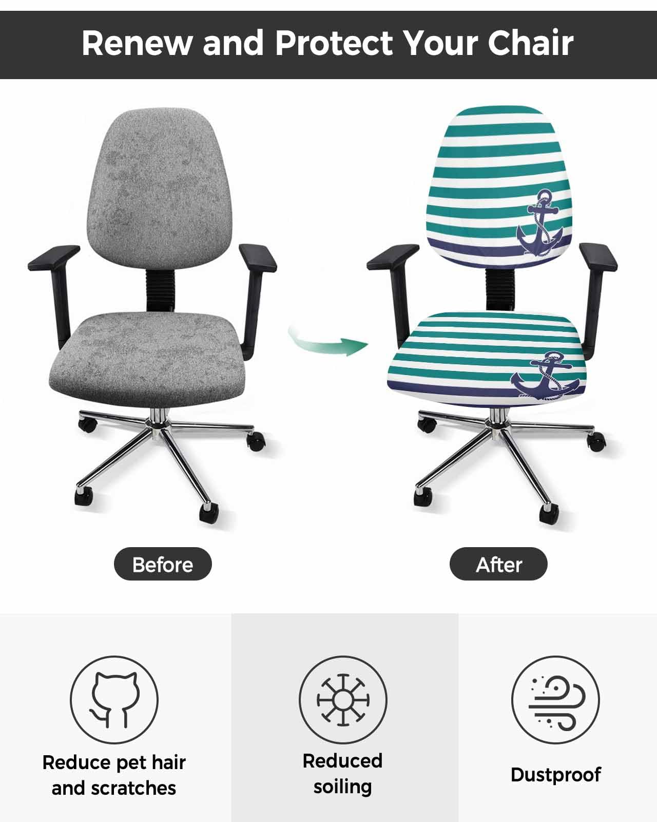 Teal Striped 2 Pieces Computer Office Chair Covers Set,Stretchable Desk Rotating Chair Seat Cushion Slipcover Back Covers,Navy Blue Nautical Anchor Lines Geometric Slipcover Back Cover Protector Cover