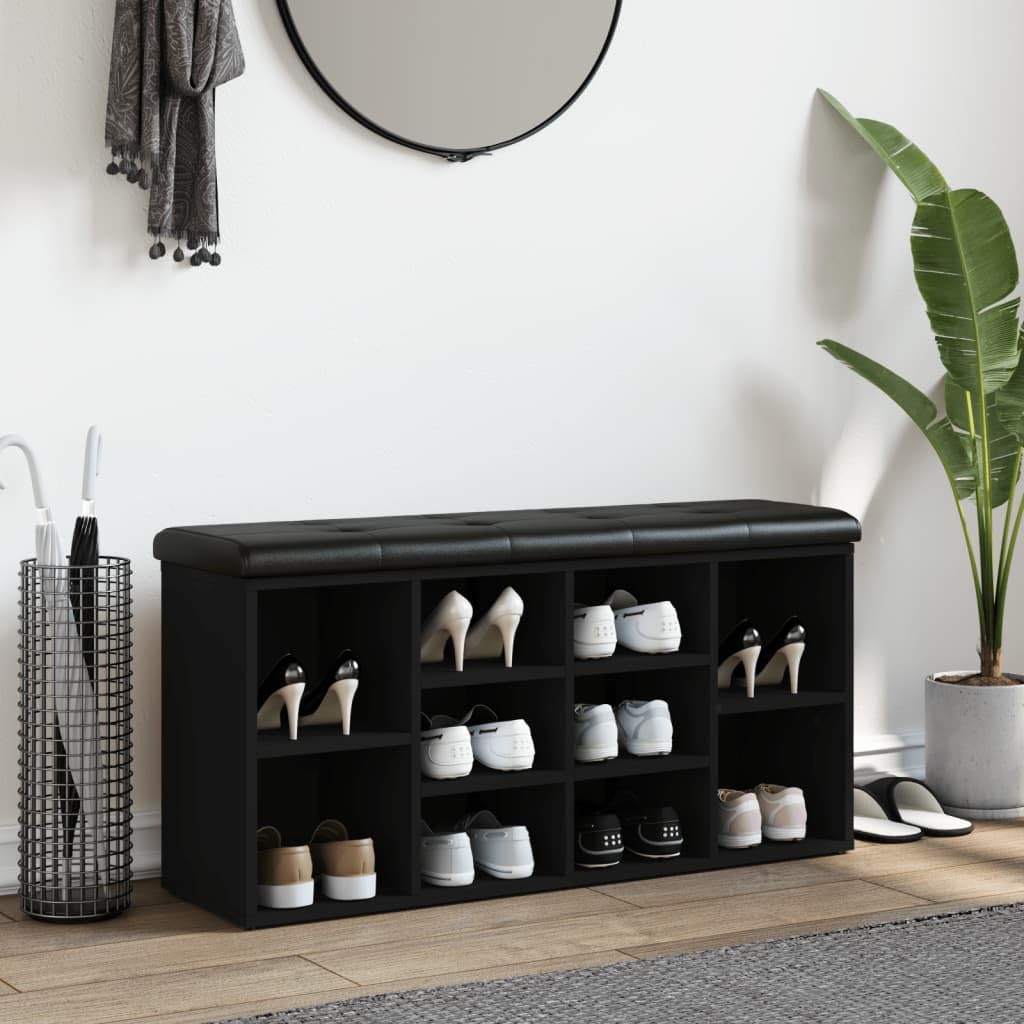 Zapatero negro de madera 102 x 32 x 50 cm con cojín acolchado, banco de pasillo con espacio de almacenamiento, banco para pasillo y salón, almacenamiento para zapatos y orden