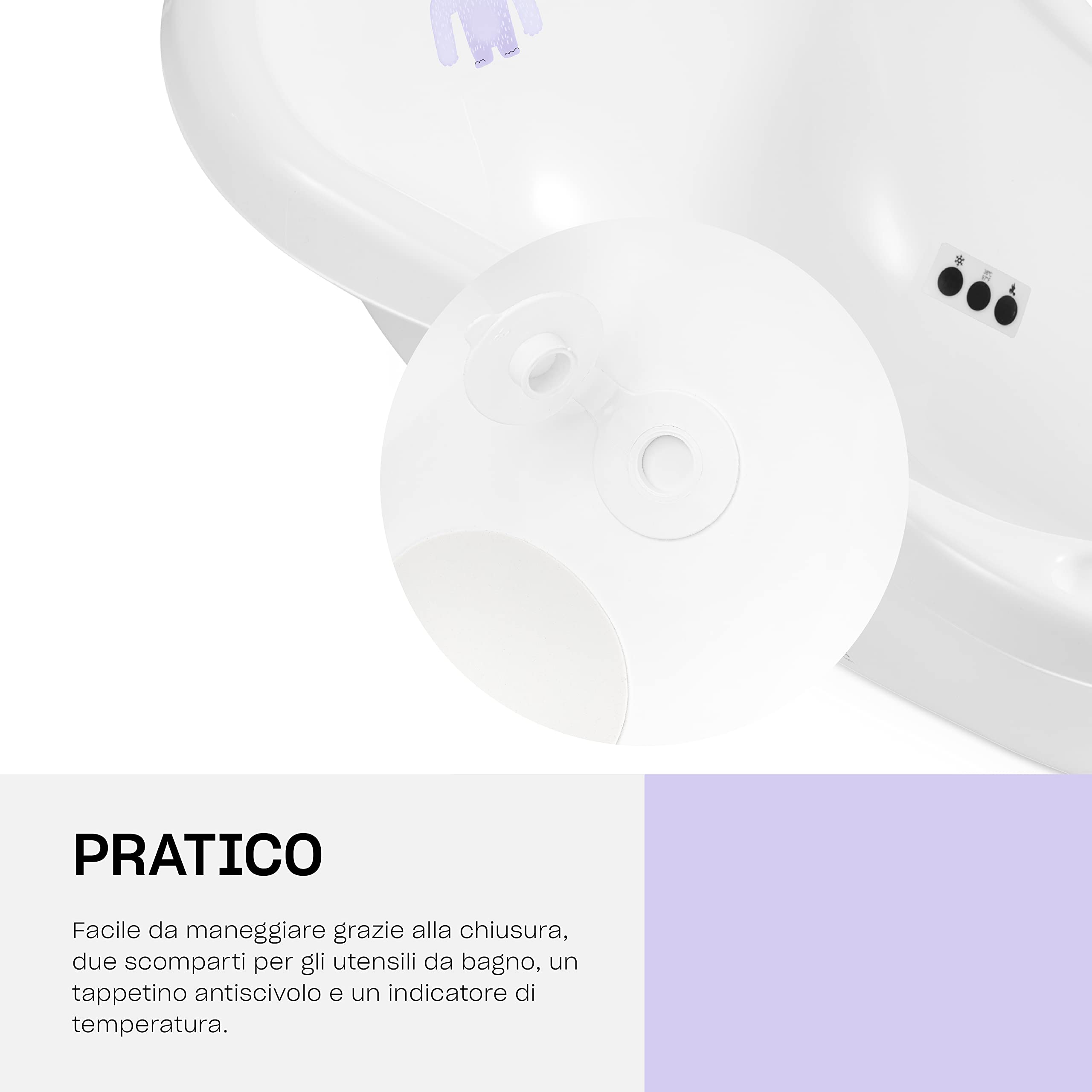 Hylat Baby Yeti Bianca Vaschetta Bagnetto Neonato con Tappo di Scarico e Termometro, Vaschetta Antiscivolo per Bambini Fino a 12 Mesi in Plastica Senza BPA, Vaschetta per Neonati, Bambini