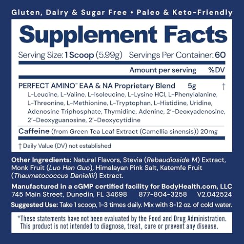 Image of BodyHealth PerfectAmino Powder - BCAA and EAA Powder for Pre and Post Workout - Amino Acid Energy Drink for Men and Women to Support Lean Muscle and Recovery - Mocha - 60 Servings