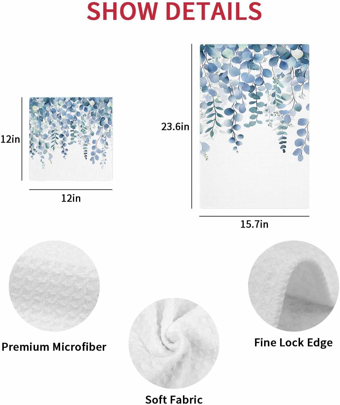 Eucalyptus Blue Hand Towels Set, Waffle Weave Kitchen Towels 2 Pieces, Farmhouse Leaves Summer Spring Microfiber Hair Face Bath Tea Towel Absorbent Quick Drying Cleaning Dish Cloths, 15.7"x23.6"