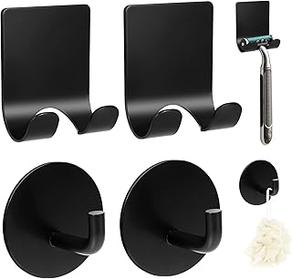 4 Pcs Black Razor Holder Bathroom Hooks Adhesive Heavy Duty Stainless Steel Multi Storage Shower Hooks, Removable and Drill-Free Hook for Hanging Razors Towels Loofahs Clothes (Black)
