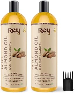Rey Naturals Sweet Almond Hair Oil (Badam Oil) | 100% Pure, Cold Pressed Almond Oil For Face, Skin & Hair | Rich In Vitamin-E | Oil For Soft, Shiny & Dandruff Free Hair | 200ml