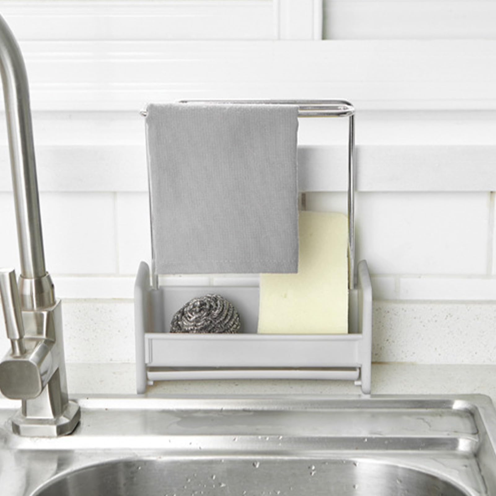 Kitchen Sponge Holder Dishcloth Hanger, Kitchen Sink Caddy Organizer Dishcloth Drying Rack Kitchen Rag Stand Soap Holder with Removable Drain Tray for Kitchen