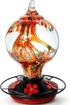 Hummingbird Feeder for Outdoors, 34 oz Hand-Blown Glass Bird Feeder | Leakproof design with Ant Moat Hook, Bee Guard Ports, Brush, Unique Garden Gift, Decorative Inner Glass