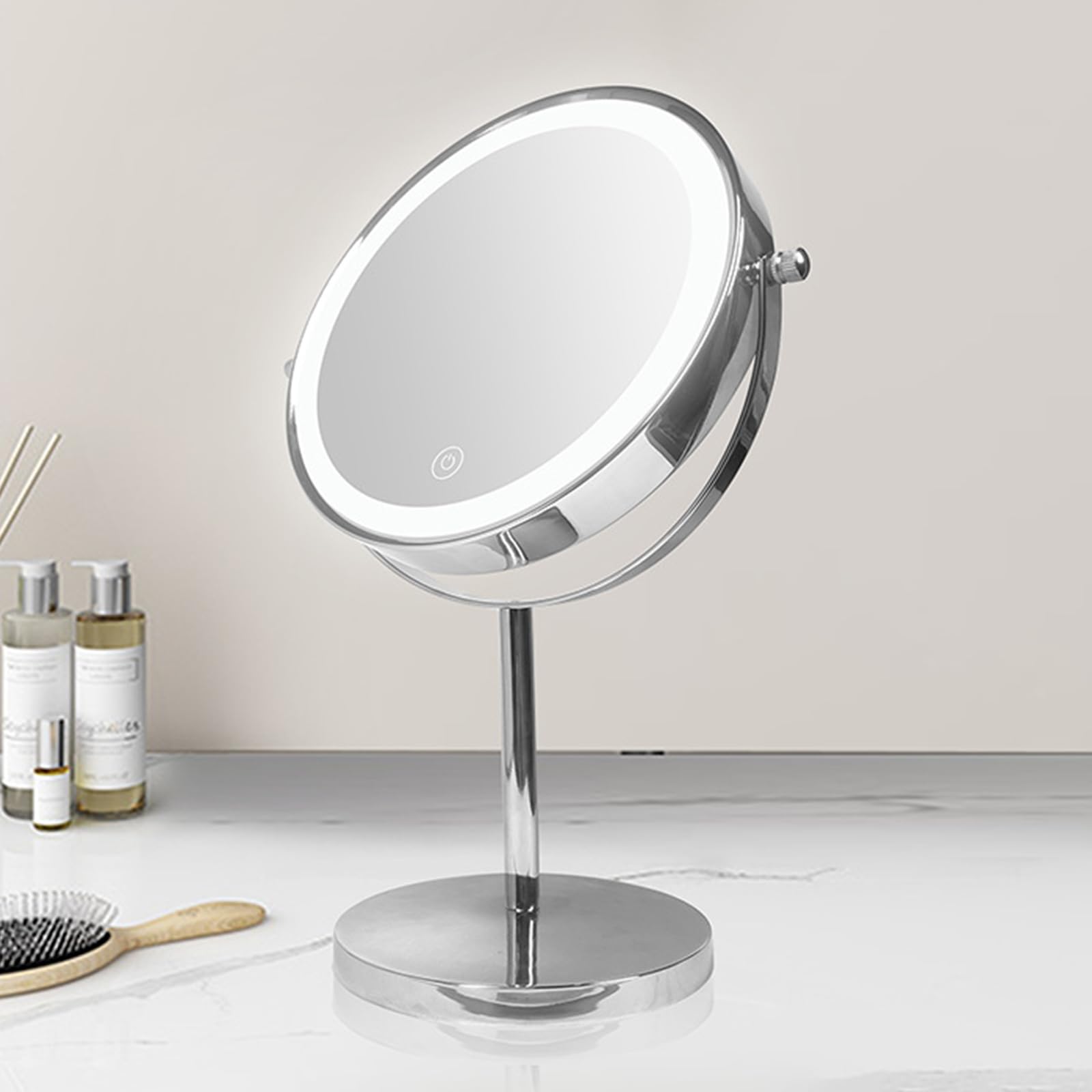 Ściemnialne powiększające lusterko do makijażu w 3 kolorach, ładowalne, podświetlane, obracane o 360°, dwustronne, do golenia, stojące, LED, chrom, 10 x