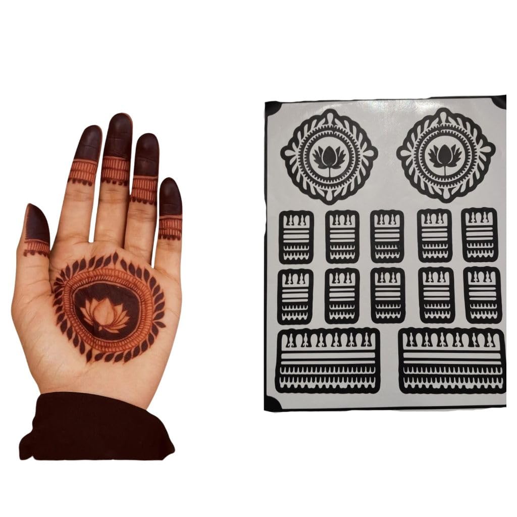 Mehndi Stencil Design Full Hand Set, Lotus Pattern, Finger and Palm Templates-image-27