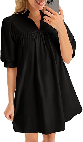 Cicy Bell Womens V Neck Babydoll Mini Dress Short Puff Sleeve Summer Casual Swing Dresses with Pockets Black