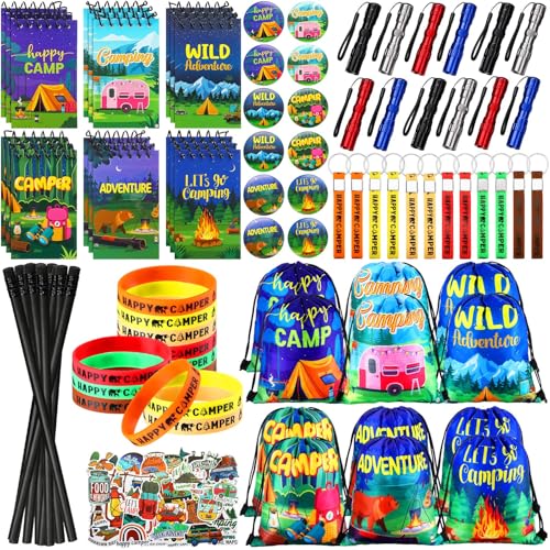 Zhanmai 140 Pcs Camping Party Favors Gifts Silicone Bracelets Stickers Camping Keychain Badge Camouflage Pencils Spiral Camp Adventure Theme Notepads Happy Drawstring Bags Mini Flashlight for Kid