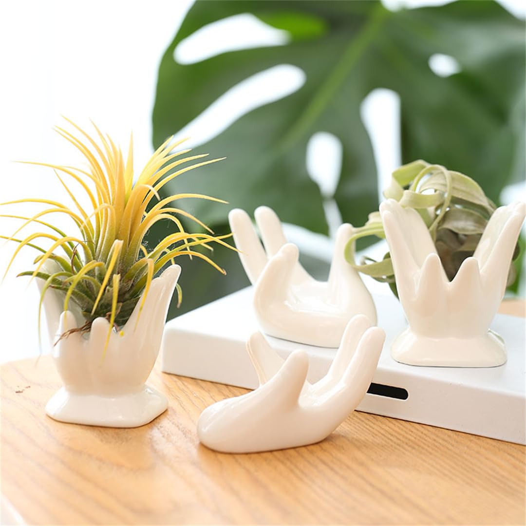 ourhommie Air Plant Holder Cute Ceramic Mini Hand Shape Stand Airplants Tillandsia Small Container Pot Plant Decorative Home Decor for Desk Table Shelf Office Decorations White - Image 4