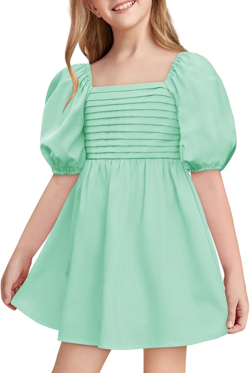 Haloumoning Girls Summer Dress Kids Square Neck Puff Sleeve A-Line Smocked Mini Dresses 5-14 Years