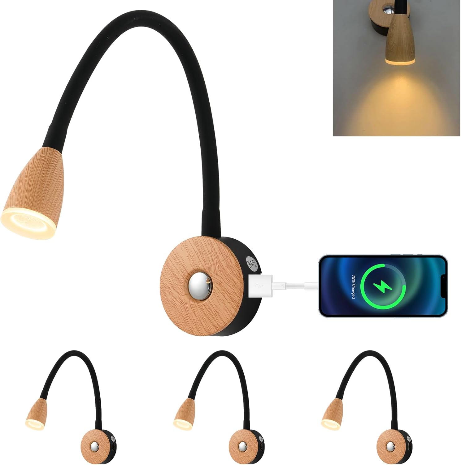 12v Reading Light,rv Lighting with USB Charger, Wood Grain Color,12 Volt Flexible Gooseneck Wall Lamp(4Pack, 3000K-3200K)