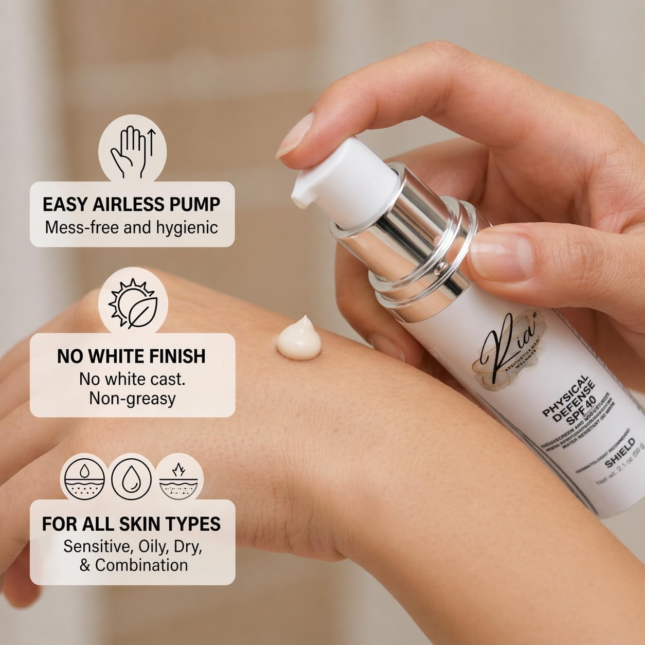 Ria Sunscreen & Moisturizer – Broad Spectrum Face Lotion with Vitamin E – Lightweight, Non-Greasy Daily Skin Protection (Physical Daily Defense with SPF 40)