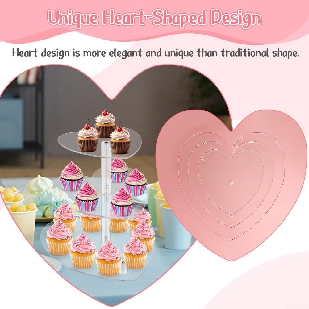 Soporte acrílico para cupcakes de 3 niveles con forma de corazón, grado alimenticio, para bodas, fiestas, cumpleaños y baby showers, con capacidad para hasta 25 cupcakes