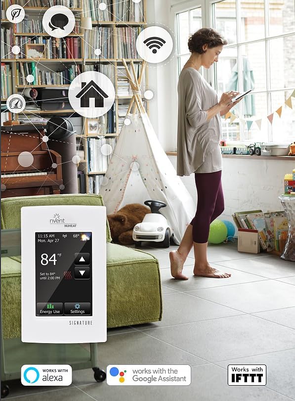 Nuheat thermostat in a smart home environment with Alexa, Google Assistant, IFTTT logos