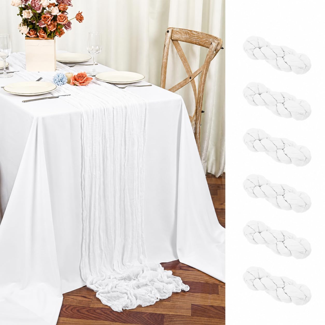 Teruntrue 6 Pack White Cheesecloth Table Runner 55x300 cm Boho Gauze Cheese Cloth Table Runner for Wedding Party Baby Bridal Shower Birthday Decorations — image 1