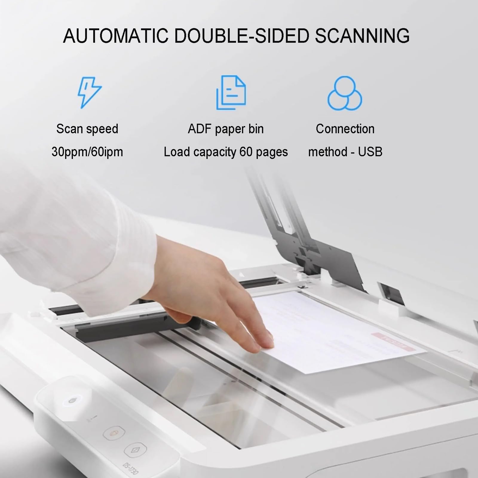 Scanner Piatto A4 per Documenti, Scansione Fronte/Retro - 30 Ppm/60 Ipm/min, con Alimentatore Automatico, Risoluzione Massima 1200x1200 Dpi, Connettività USB