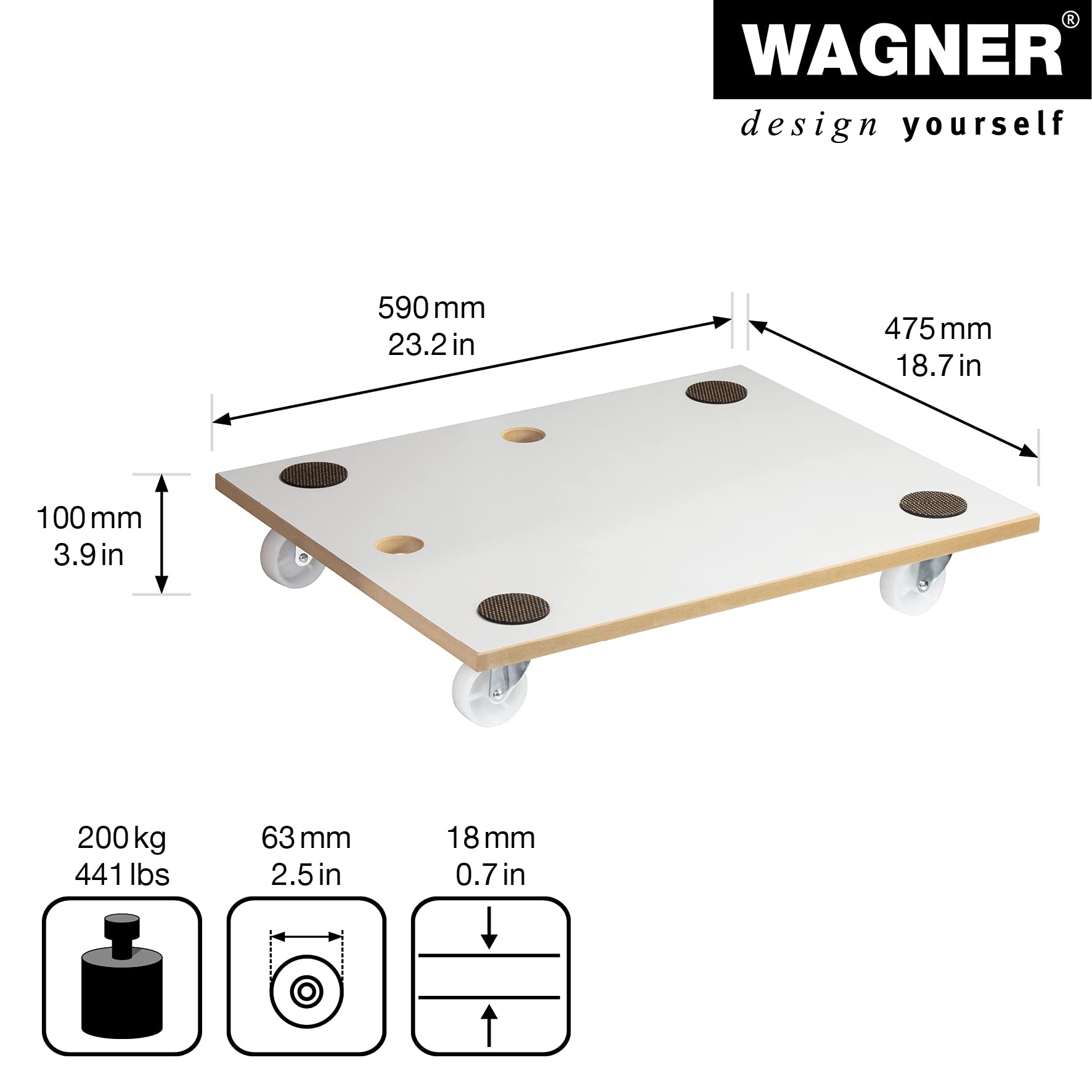 Wagner Socle à roulettes MM 1359 I 59 x 47 x 10 cm - Charge 200 kg - Patins antidérapants I revêtement spécial I Facile à Nettoyer I pour Le Transport de Charges Lourdes - 20135901