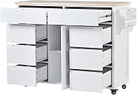 Vista 38 de LUMISOL Carrito de isla de cocina con ruedas de bloqueo con 2 cajones y 4 gabinetes, isla de cocina rodante con estantes ajustables, mesa de madera