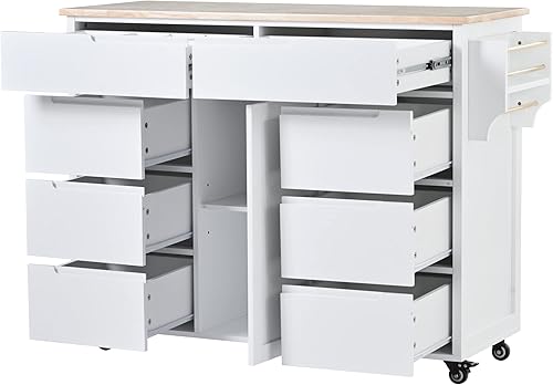 Miniatura 38 de LUMISOL Carrito de isla de cocina con ruedas de bloqueo con 2 cajones y 4 gabinetes, isla de cocina rodante con estantes ajustables, mesa de madera