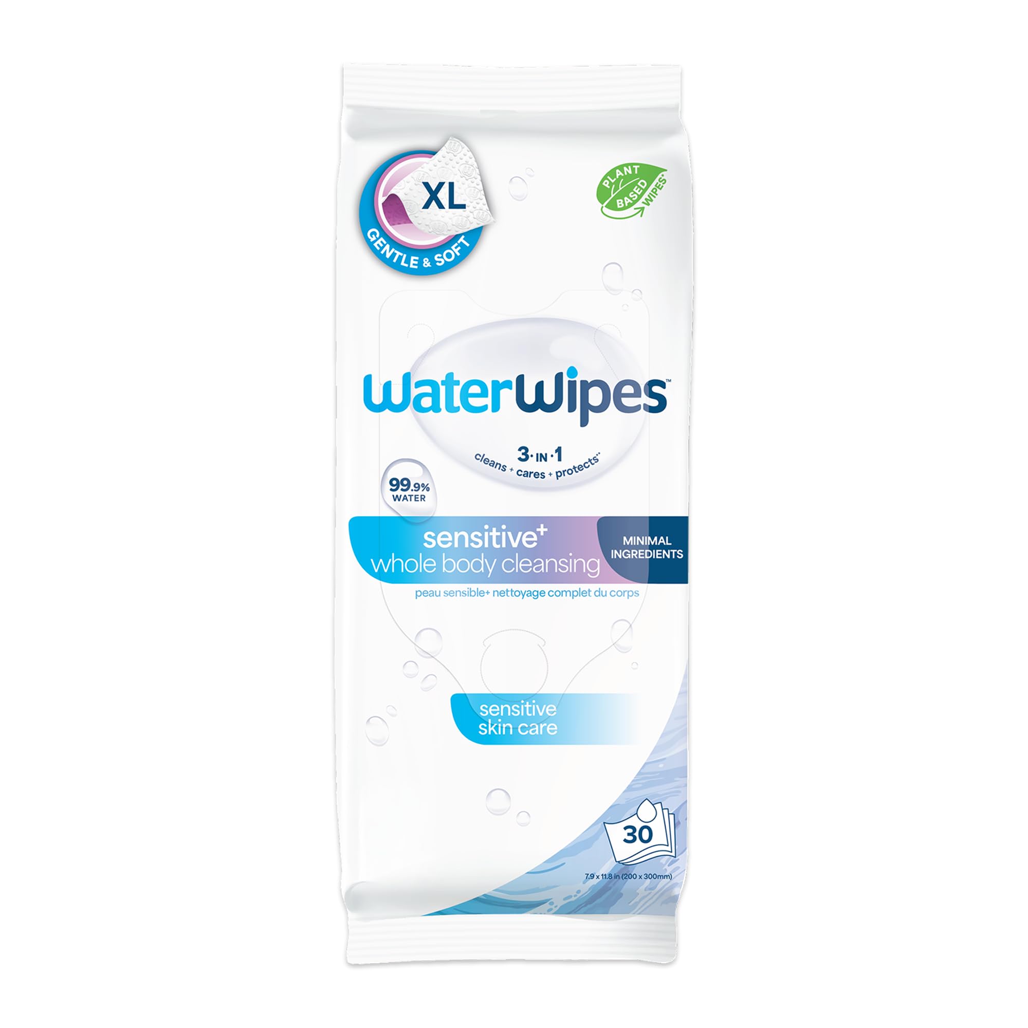 WaterWipes Sensitive Whole Body Cleansing Wipes, 99.9% Purified Water, XL Textured Wipes, Incontinence Care, Fragrance Free, 30 Count