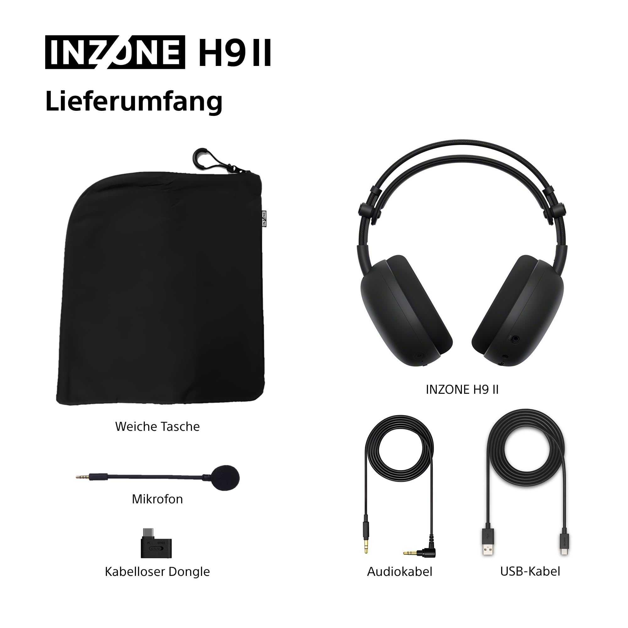 Sony INZONE H9 II Kabelloses Noise Canceling PC-Gaming Headset, Leicht, Anpassbarer Sound-EQ, Abnehmbares Kardioid-AI-Mikrofon, 30h Akku, 2.4GHz & Bluetooth, Soft Case Inklusive, Schwarz