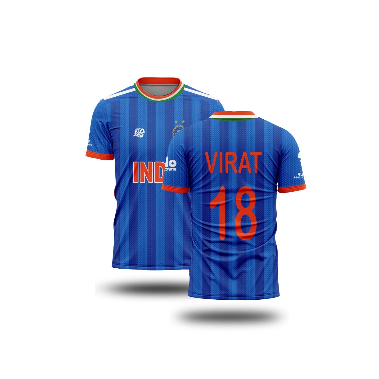 India Cricket Jersey, Blue with Orange Trim, Striped Sports T-Shirt-image-42