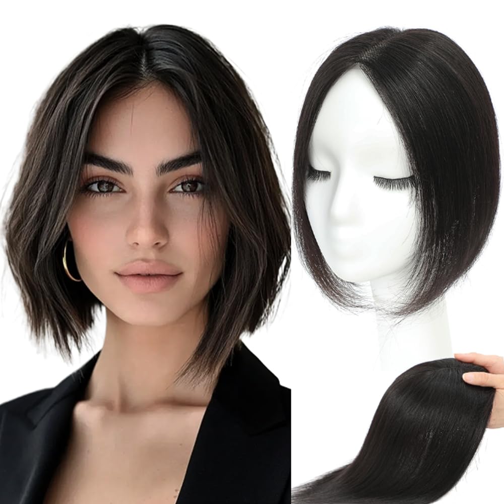 Lagomance Hair Toppers for Women Real Human Toppers for Women with Thinning Hair 100% Real Human Hairpieces 10 inch Swiss Base Hairpieces for Thinninghair(Natural Black)