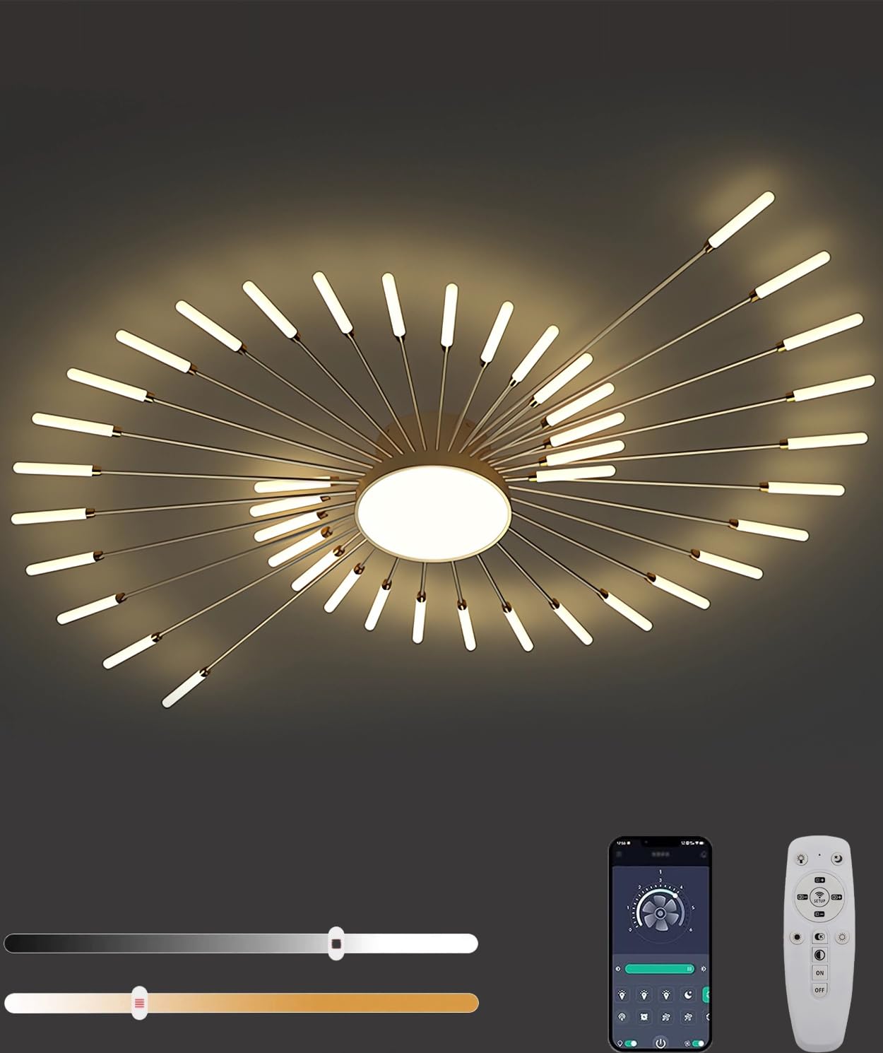 JINGKER LED Ceiling Lights Living Room Ceiling Lamps Modern Minimalist Style Firework Ceiling Light Dimmableceiling lamp with Remote Control 42 Head Ceiling Light Gold Black (Gold, 42+1Heads)