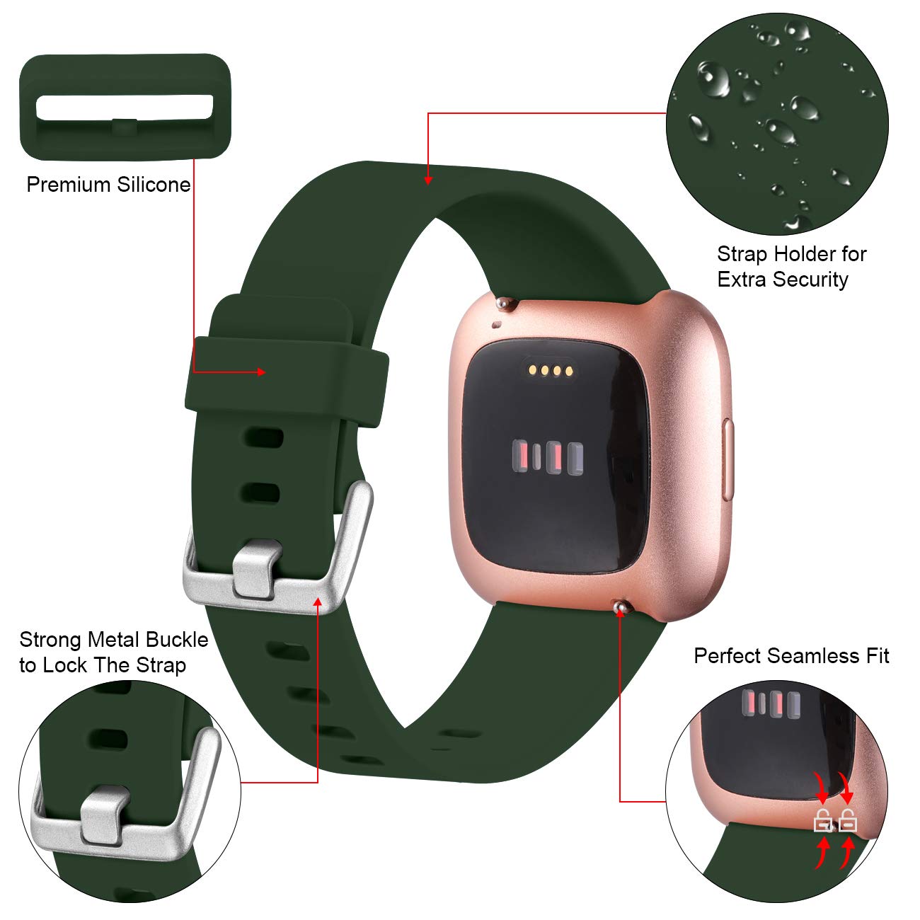 Oielai Wristband for Fitbit Versa 2, Silicone Sport Classic Replacement Band for Women or Men, 08 Military Green, S 5.5"- 7.1" - Image 4
