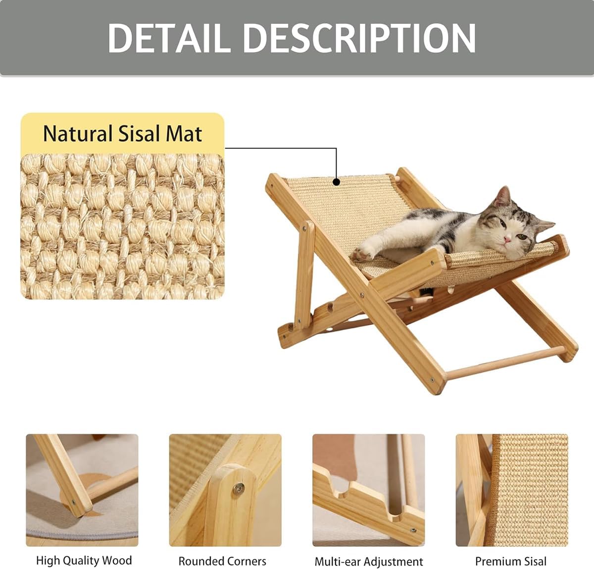 سرير قطط خشبي طبيعي بابوريتش من هنيجا، أرجوحة شبكية للقطط قابلة للتعديل مع وسادة من السيزال، كرسي شاطئ صغير للقطط والجراء والأرانب والحيوانات الأليفة الصغيرة الأخرى
