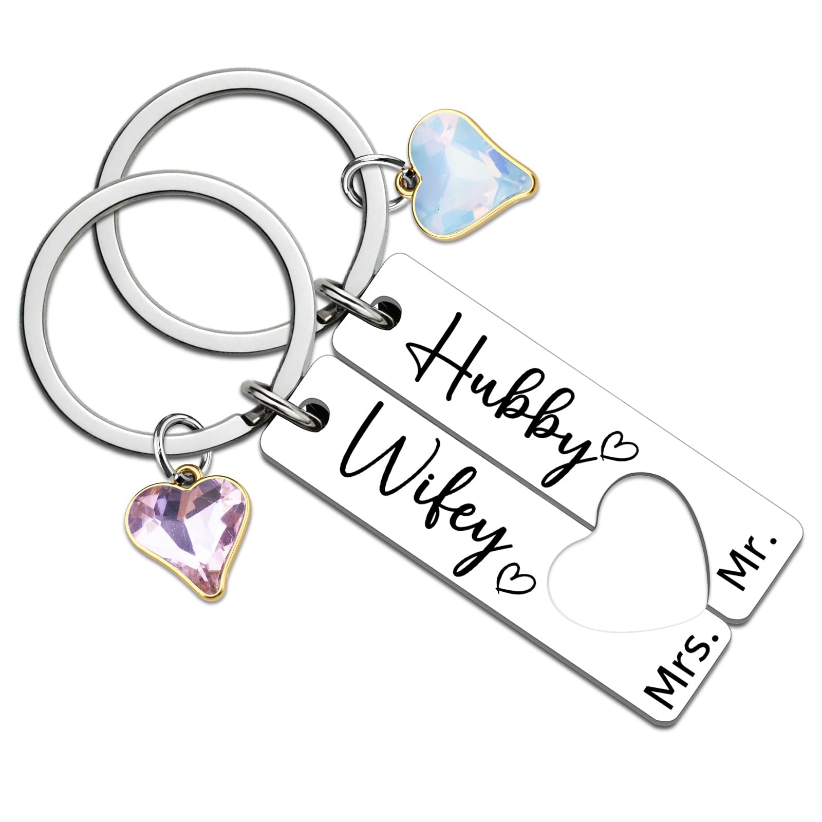 YUNLIJIA 2PCS Engagement Gifts Mr and Mrs Gifts Heart Shaped Keyring Engagement Gift for Couples Hubby And Wifey Personalised Wedding Gift Marriage Anniversary Ornament Exquisite Engraving