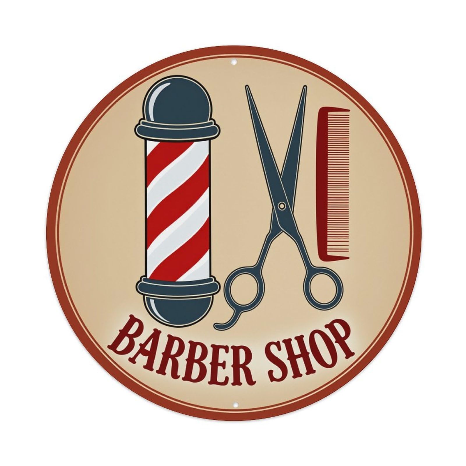 Barber Pole Scissors Comb Sign Round Tin Sign Vintage Metal Poster, Home Bar Garage Man Cave Cafe Indoor & Outdoor Wall Decoration 8x8Inches