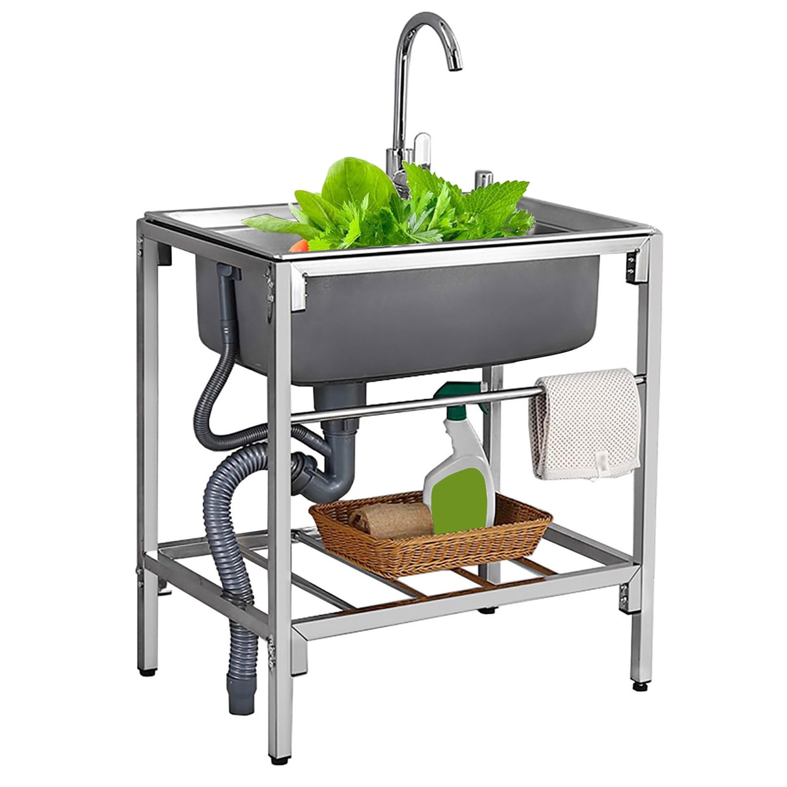 TAXXII Outdoor Sink Single Bowl, Freestanding Stainless Steel Utility with Hot and Cold Faucet, Commercial Kitchen for Restaurant, Bar, Laundry, Garage, Backyard (Silver, Size:71x47x75cm)