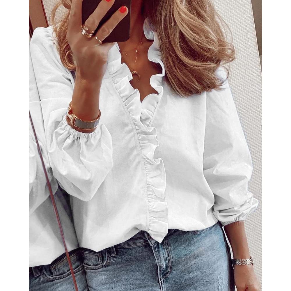 Camicetta da Donna Balze Donne Camicette Manica Lunga Pieghe Chiffon con Scollo Elegante Shirt Top Scollo a V Casual da Lavor a Maniche Lunghe Tinta Unita